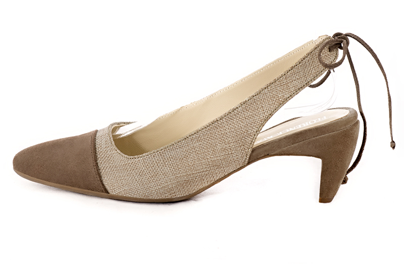 Chocolate brown and natural beige women's slingback shoes. Round toe. Medium comma heels. Profile view - Florence KOOIJMAN